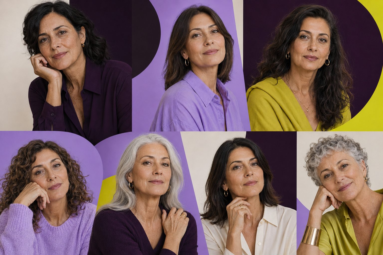 Collage editoriale di sette donne italiane di età diverse, dalla quarantina agli anni argentei, su sfondi plum, lilla e lime