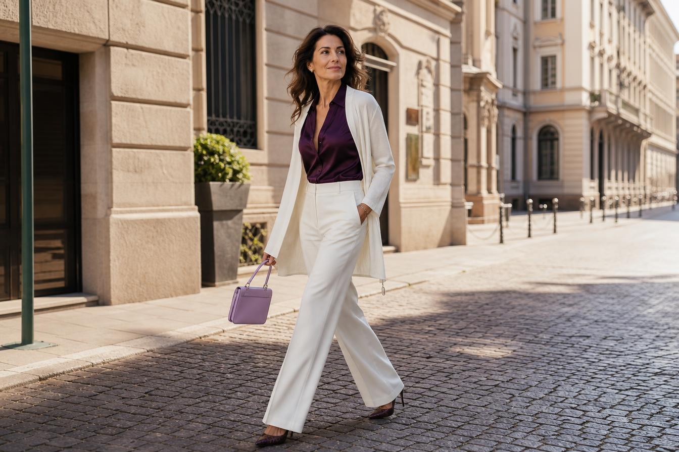 Elegant Italian woman in her 50s walking confidently in a sunlit European city, wearing white trousers and a plum shirt